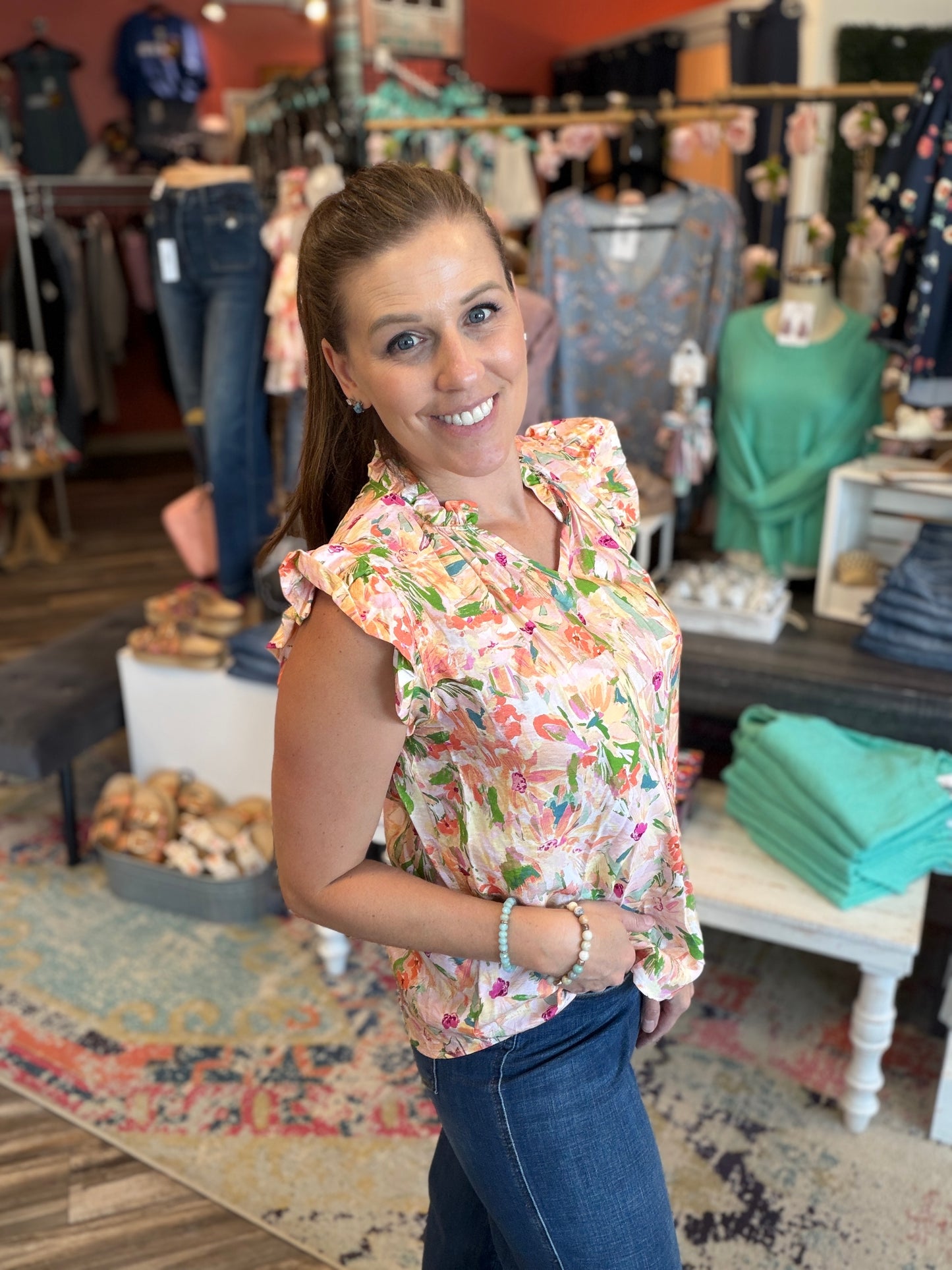Floral Ruffle V-Neck Blouse