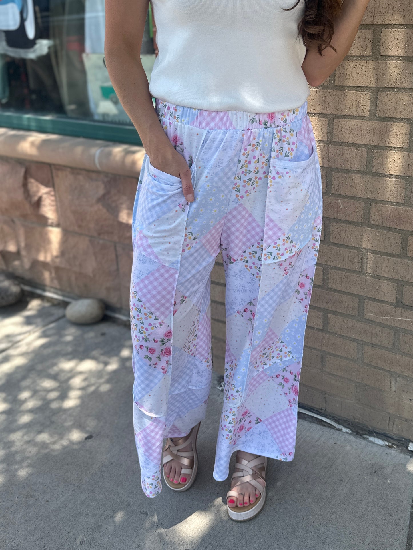 Floral Patchwork Reverse Stitch Wide Leg Pants