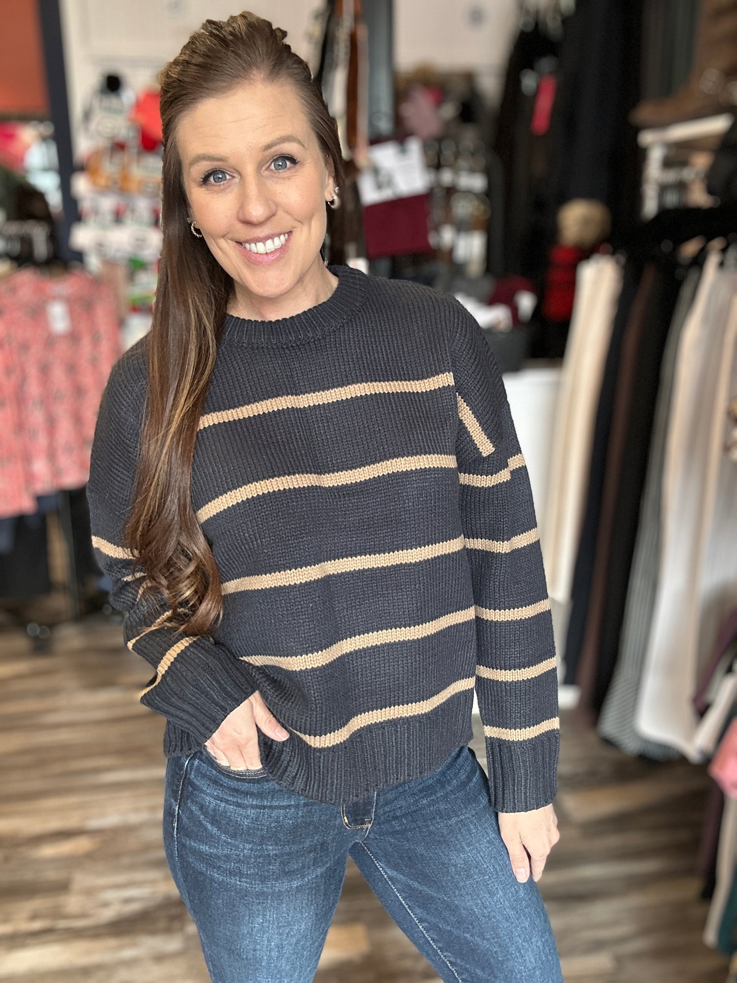Navy/Taupe Stripe Knit Sweater