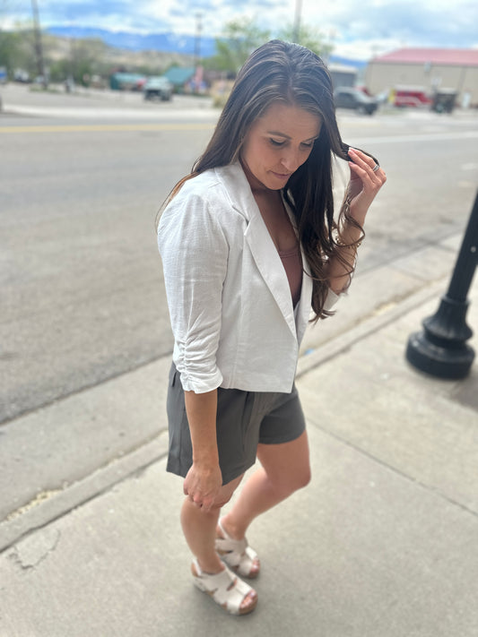 White 3/4 Sleeve Linen Blazer