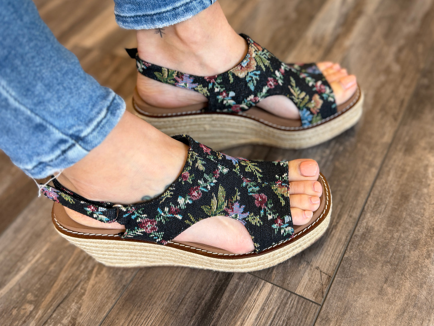Black Floral Wedge