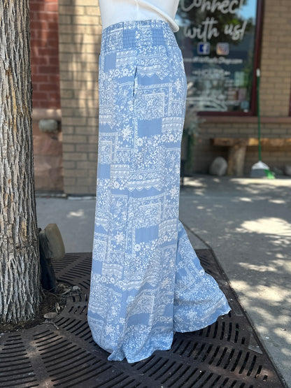 Smocked Waist Wide Leg Patchwork Pants