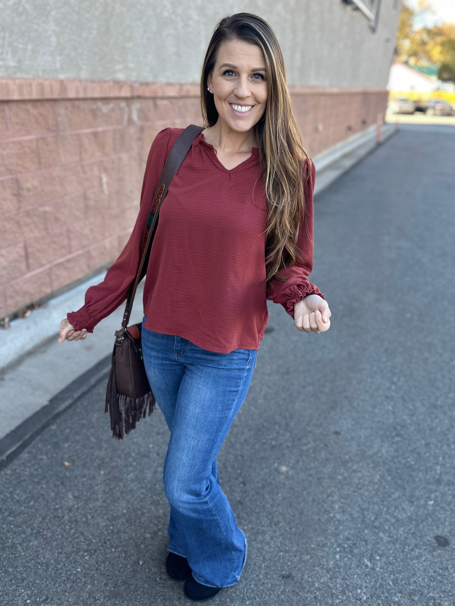 Solid Ruffle Smocked Long Sleeve Blouse