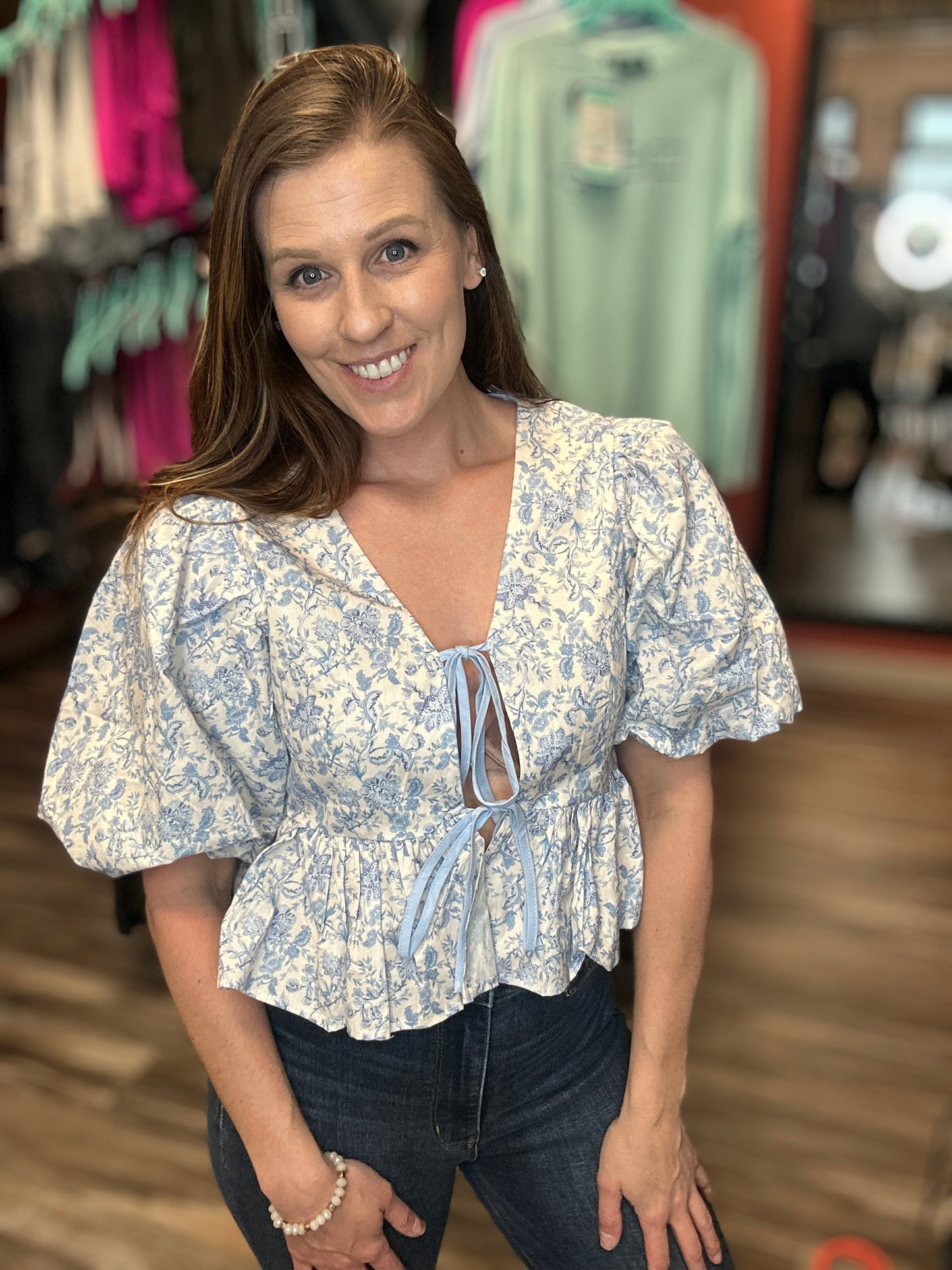 Blue Smock Front Tie Top