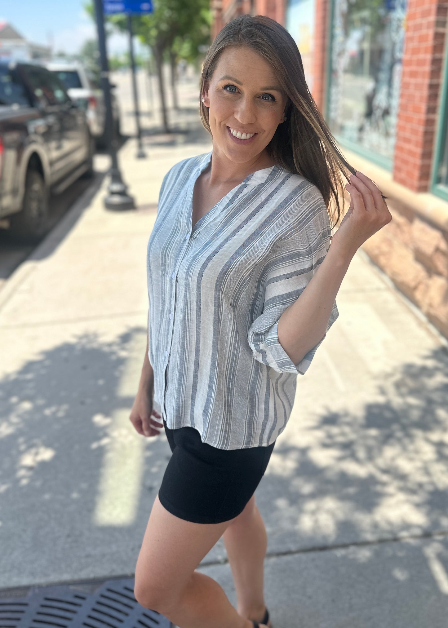 Striped V-Neck Yarn Dye Short Sleeve