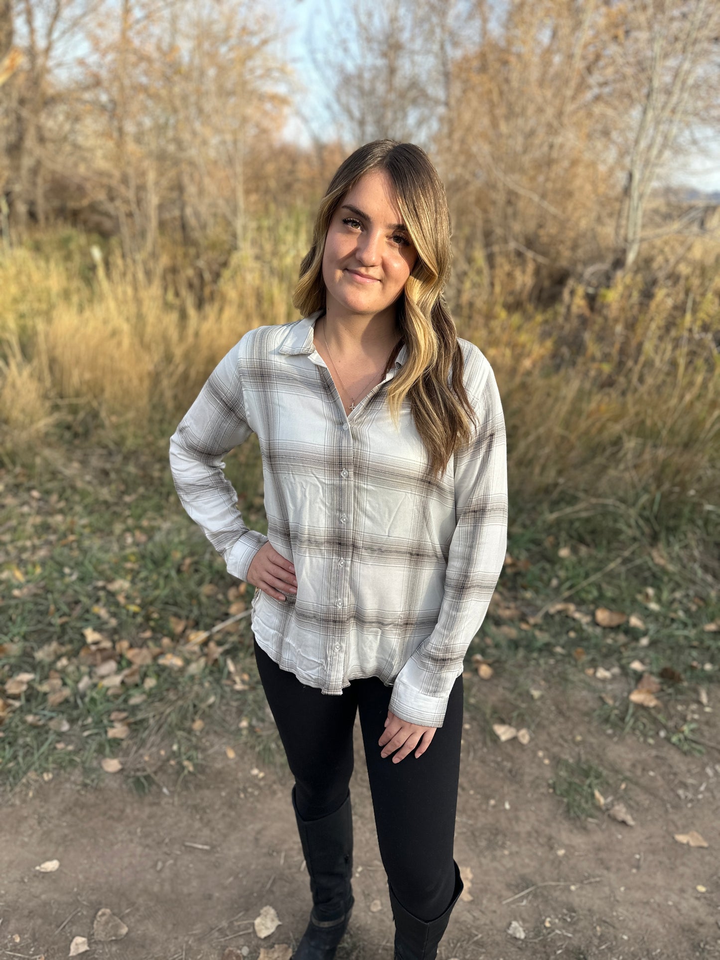 Vintage Ivory Silver Plaid Long Sleeve