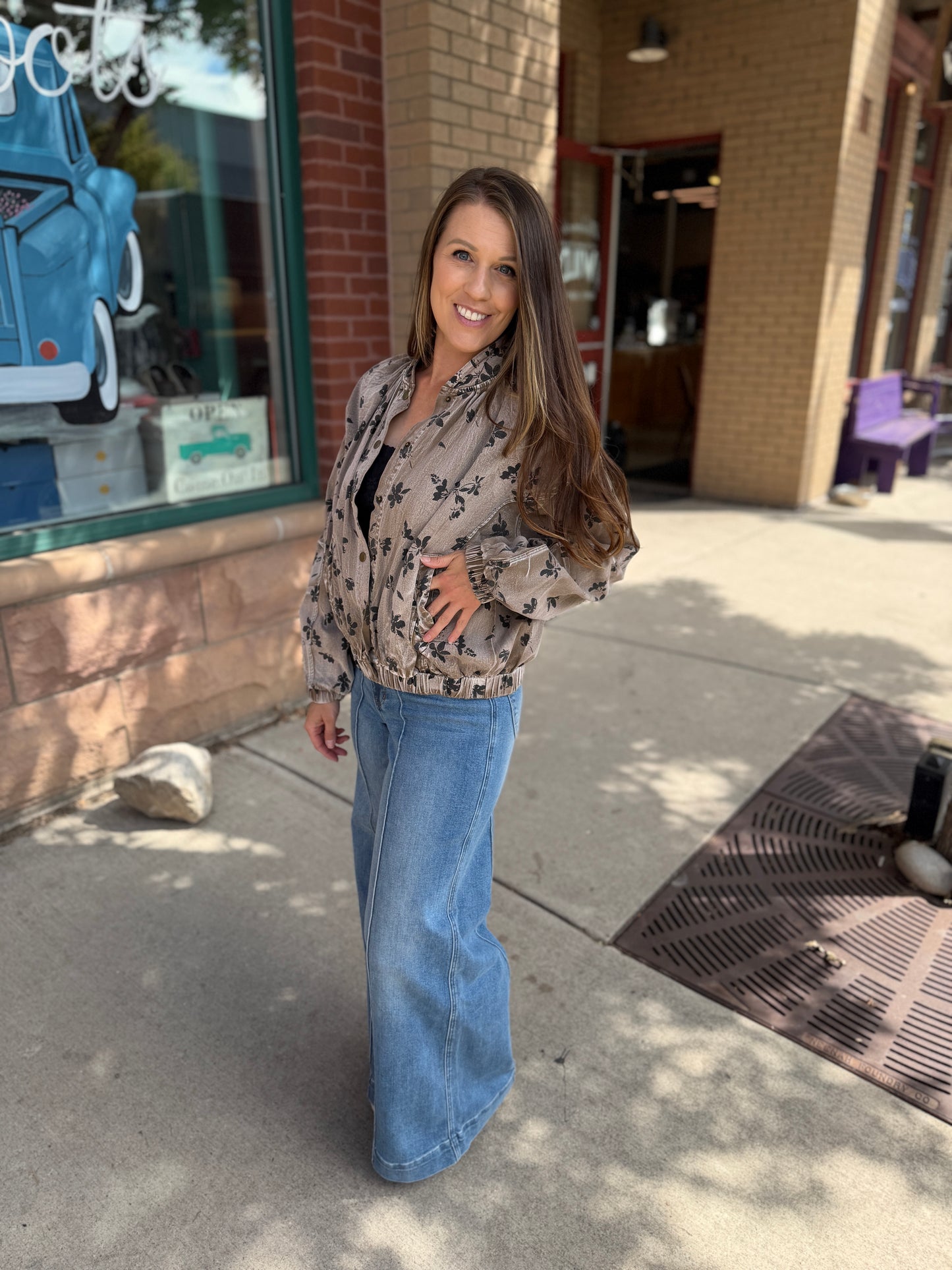 Mocha Floral Twill Puff Jacket