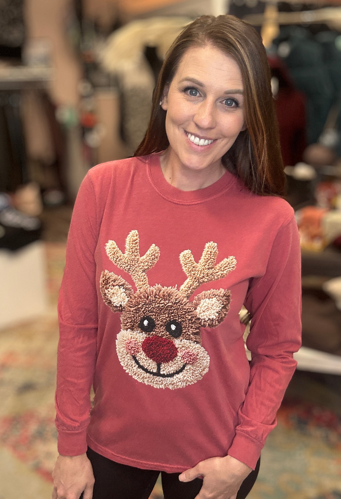 Faux Crochet Red Nose Reindeer Long Sleeve