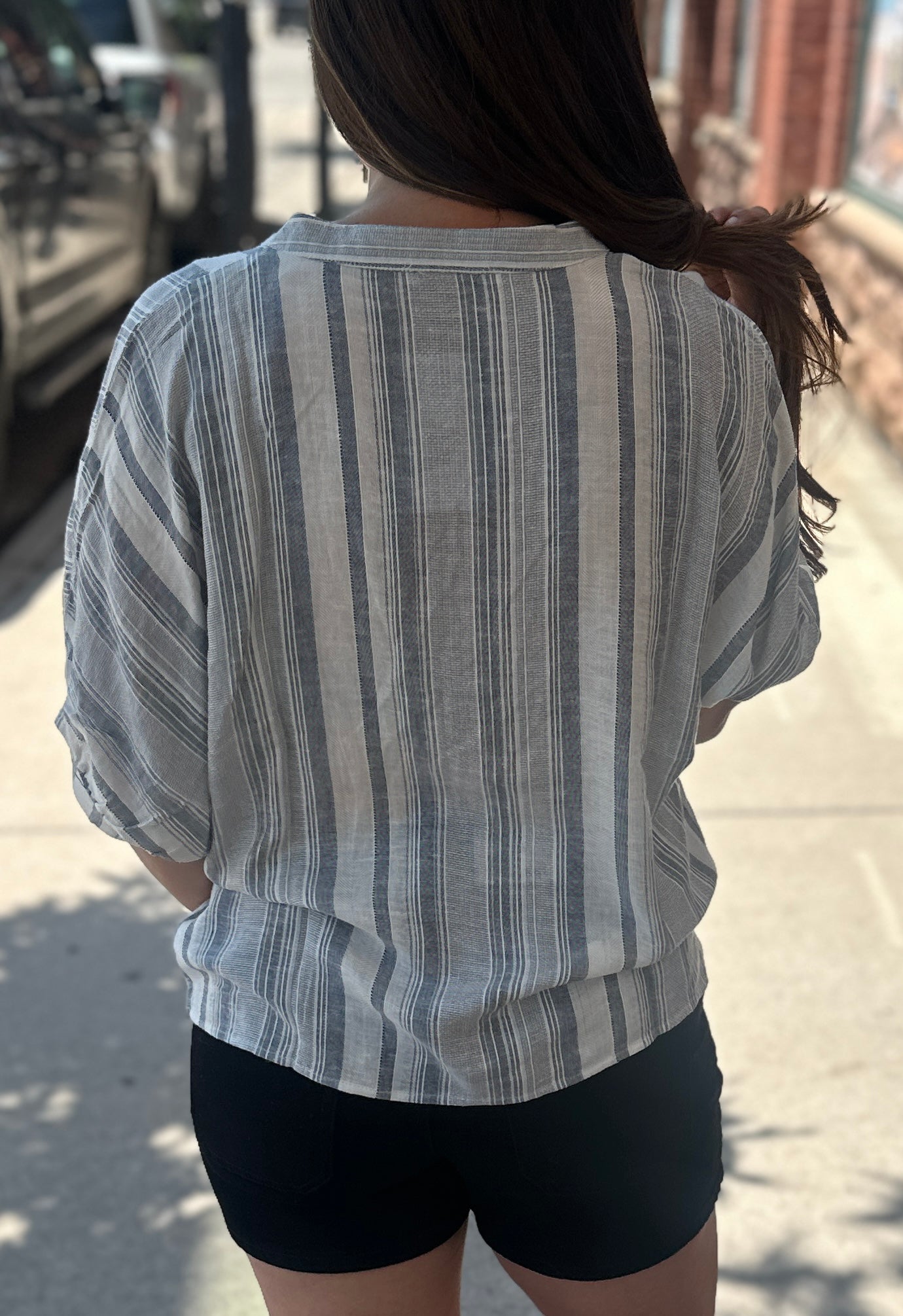 Striped V-Neck Yarn Dye Short Sleeve