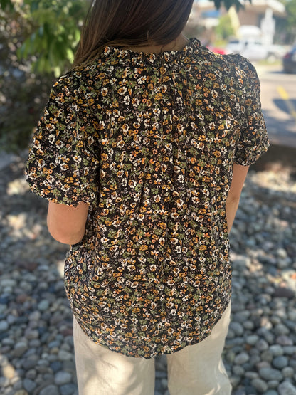 Black Floral Puff Sleeve Blouse