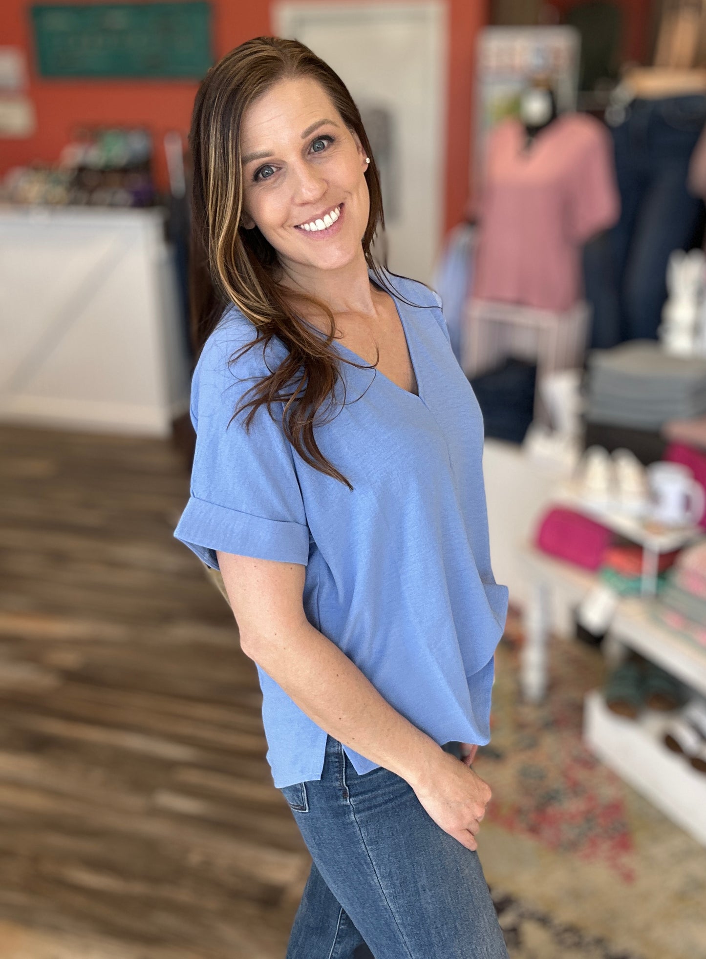 V-Neck Rolled Up  Short Sleeve