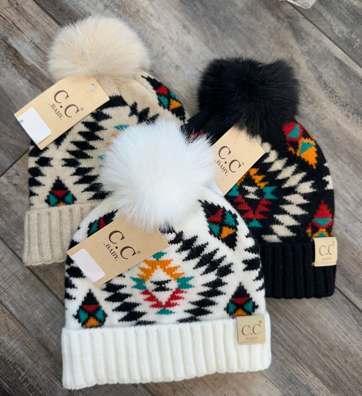 BLACK AZTEC PATTERN HAT WITH SOFT FAUX POM CC Aztec Multi-Colored Pom Beanie Hat – Gallop  main image 4