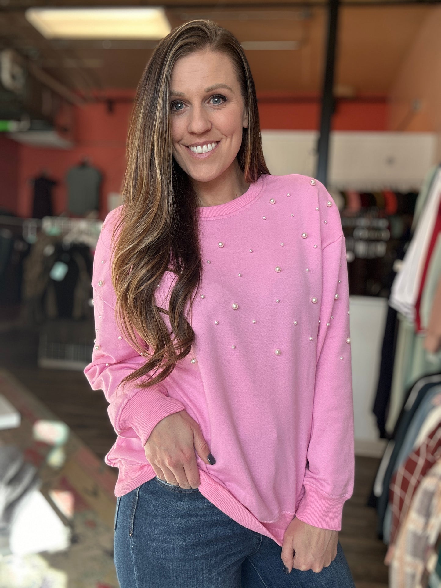 Pink Sweater With Pearl Accents