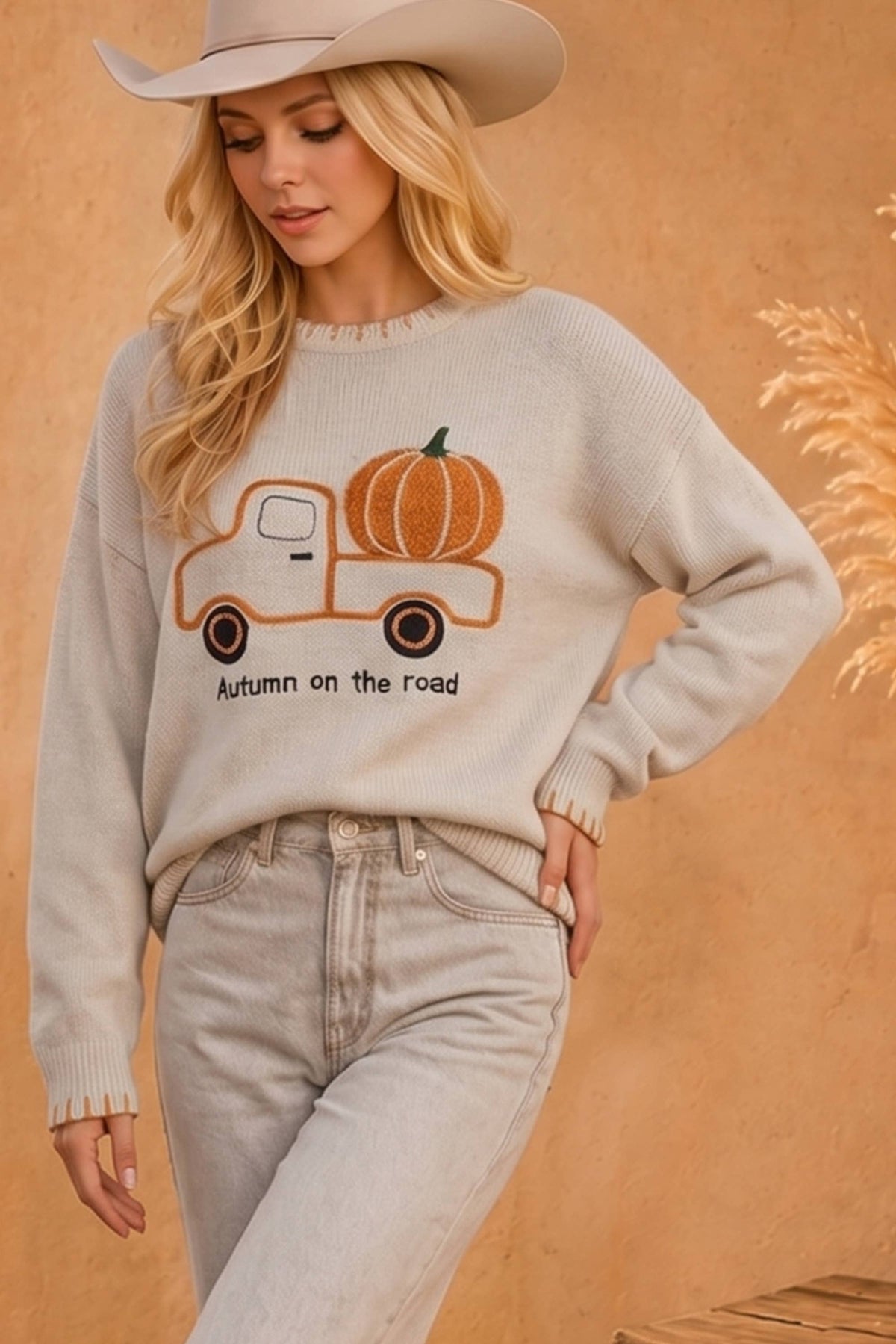 Autumn on the Road Pumpkin Truck Graphic Sweater