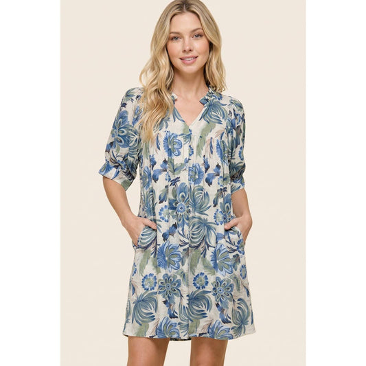 Frilled V-Neck Floral Printed Dress