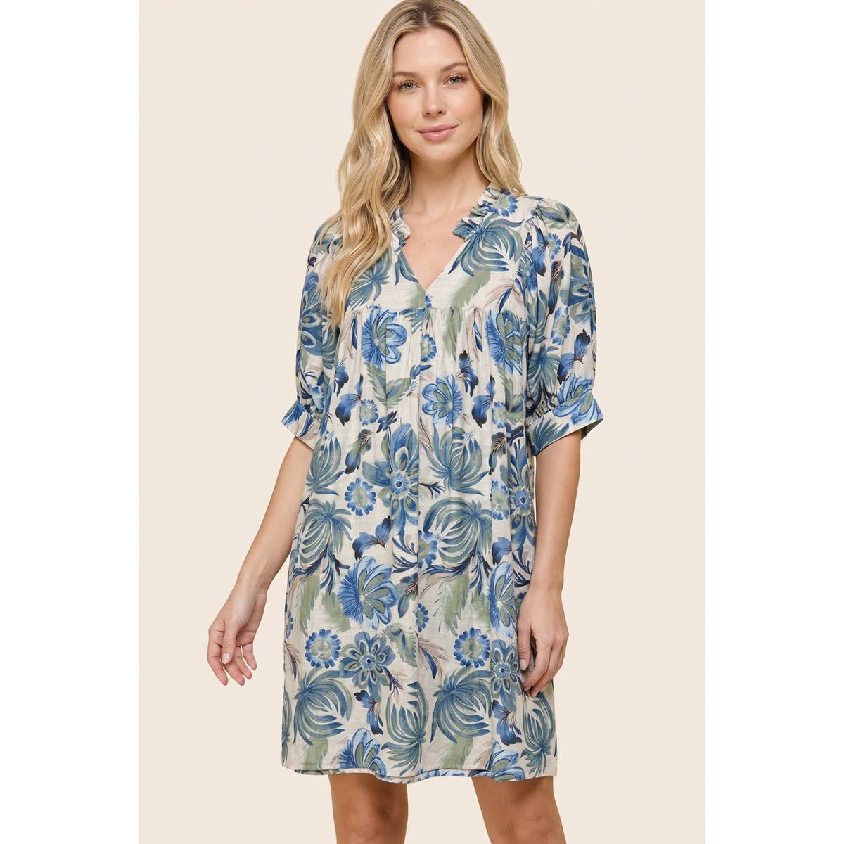 Frilled V-Neck Floral Printed Dress