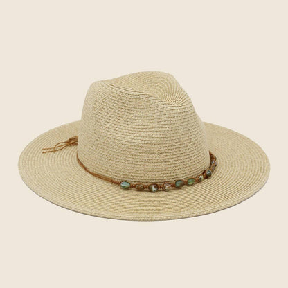 Braided Stone Strap Straw Fedora Hat