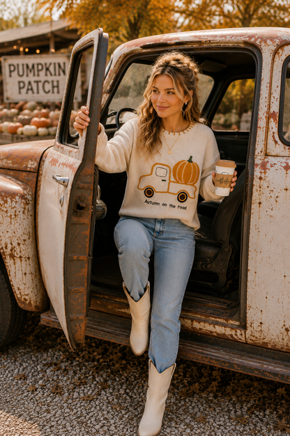 Autumn on the Road Pumpkin Truck Graphic Sweater