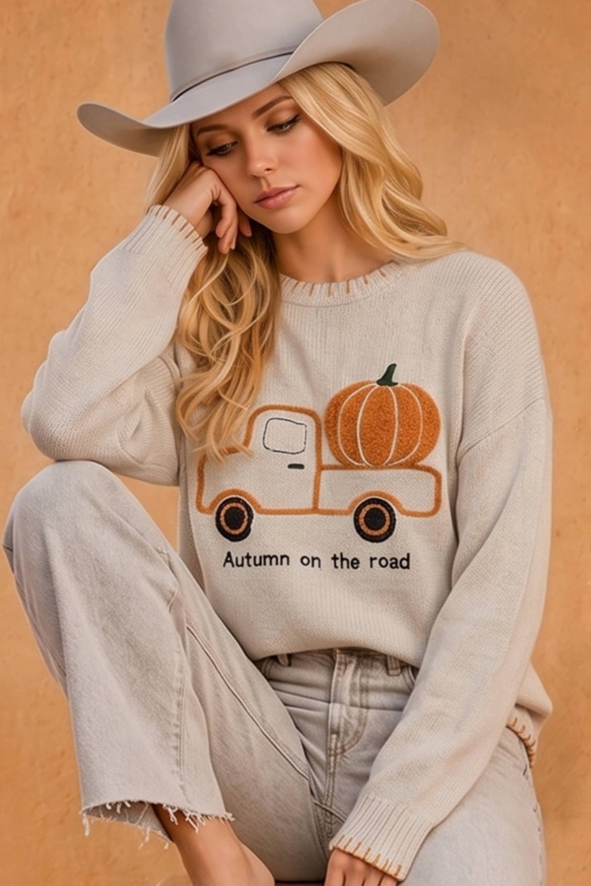 Autumn on the Road Pumpkin Truck Graphic Sweater