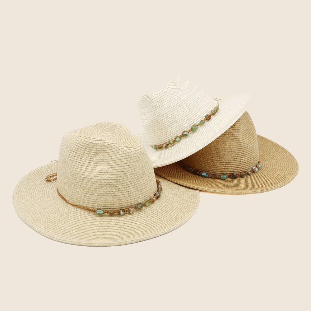 Braided Stone Strap Straw Fedora Hat