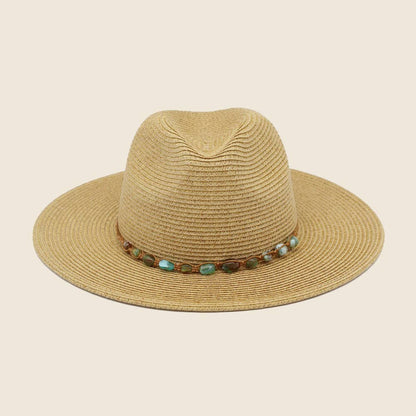 Braided Stone Strap Straw Fedora Hat