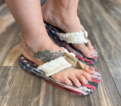 Red, White, Blue Fringe Flip Flops