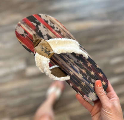 Red, White, Blue Fringe Flip Flops