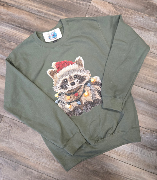 Faux Crochet Festive Racoon Sweatshirt