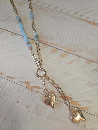 Blue & Gold Heart Tassel Necklace