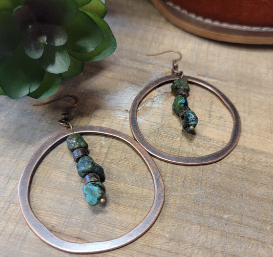 Turquoise & Wood Copper Earrings