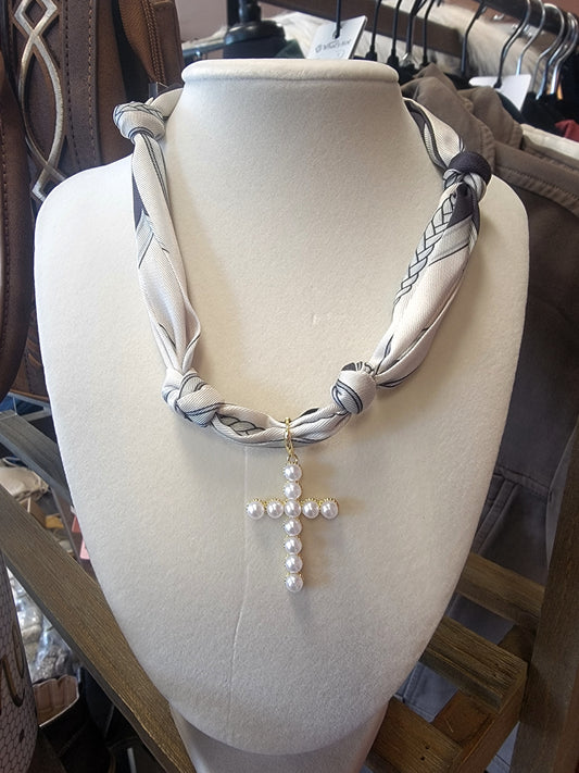 Grey and White Knotted Scarf Necklace