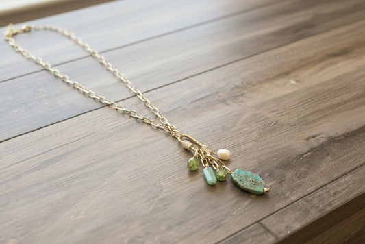 Gold Chain Necklace with Green Stone Tassel