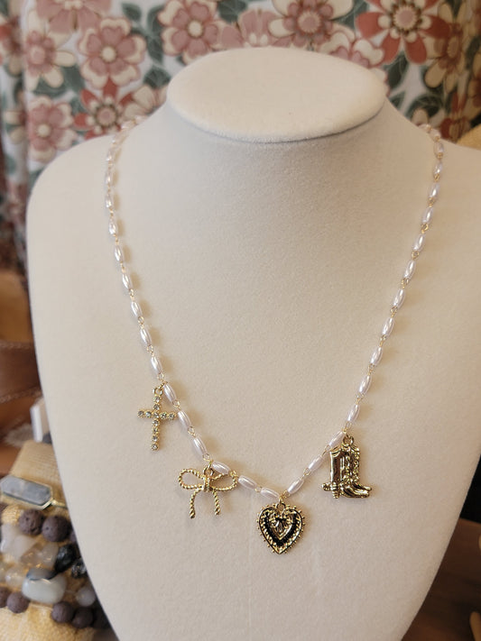 Gold Rice Pearl Necklace with Charms