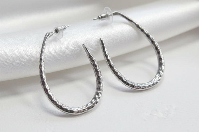 Hammered Silver Teardrop Hoops