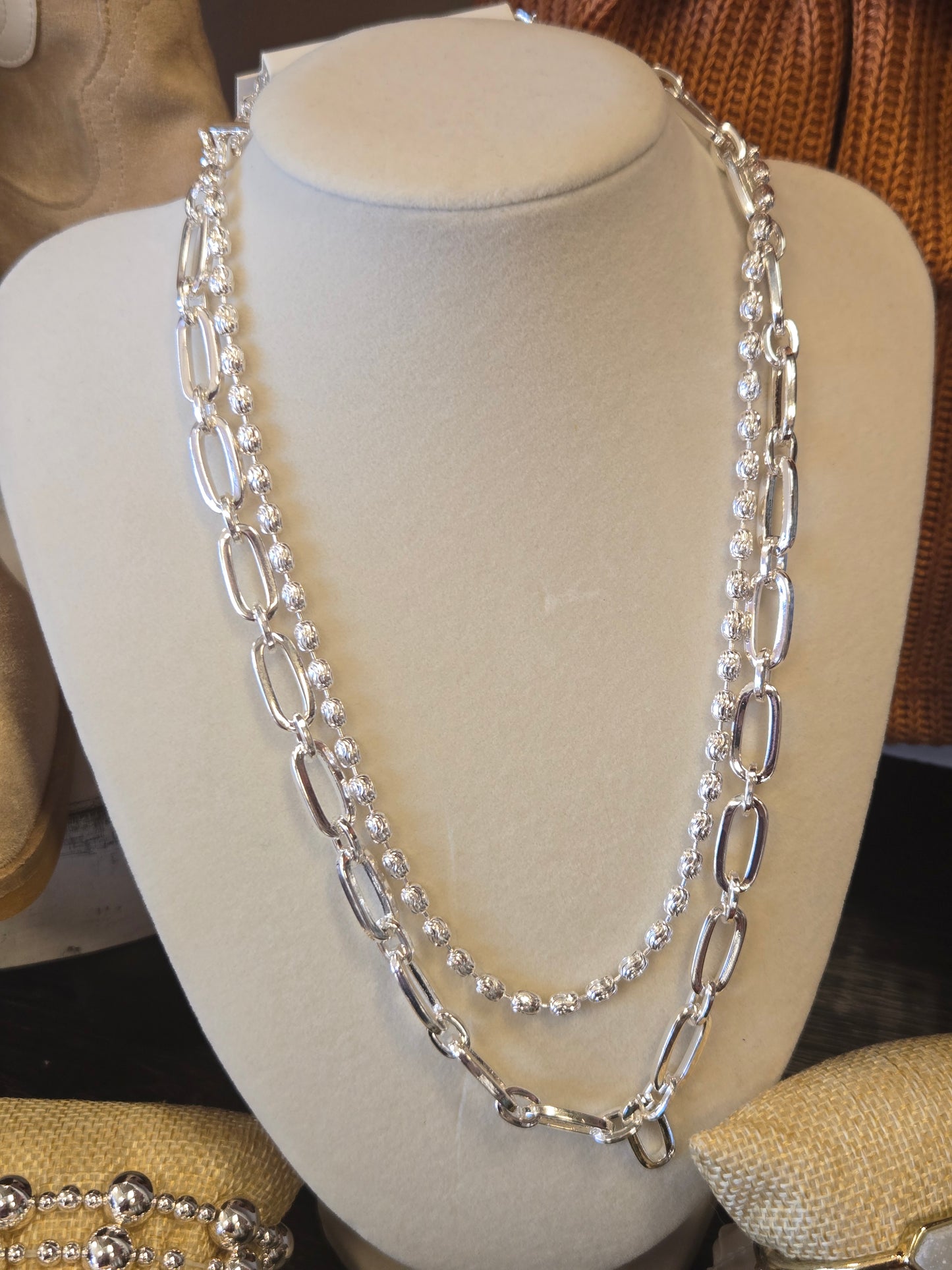 Gold Double Layered Oval and Flat Chain Necklace