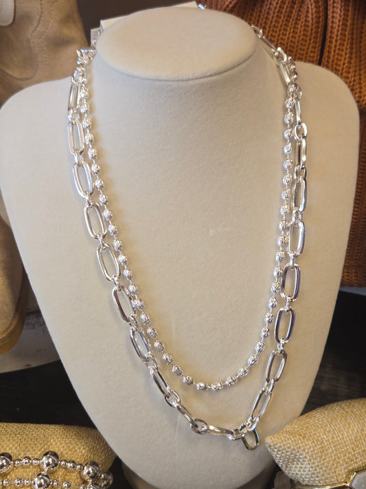 Gold Double Layered Oval and Flat Chain Necklace