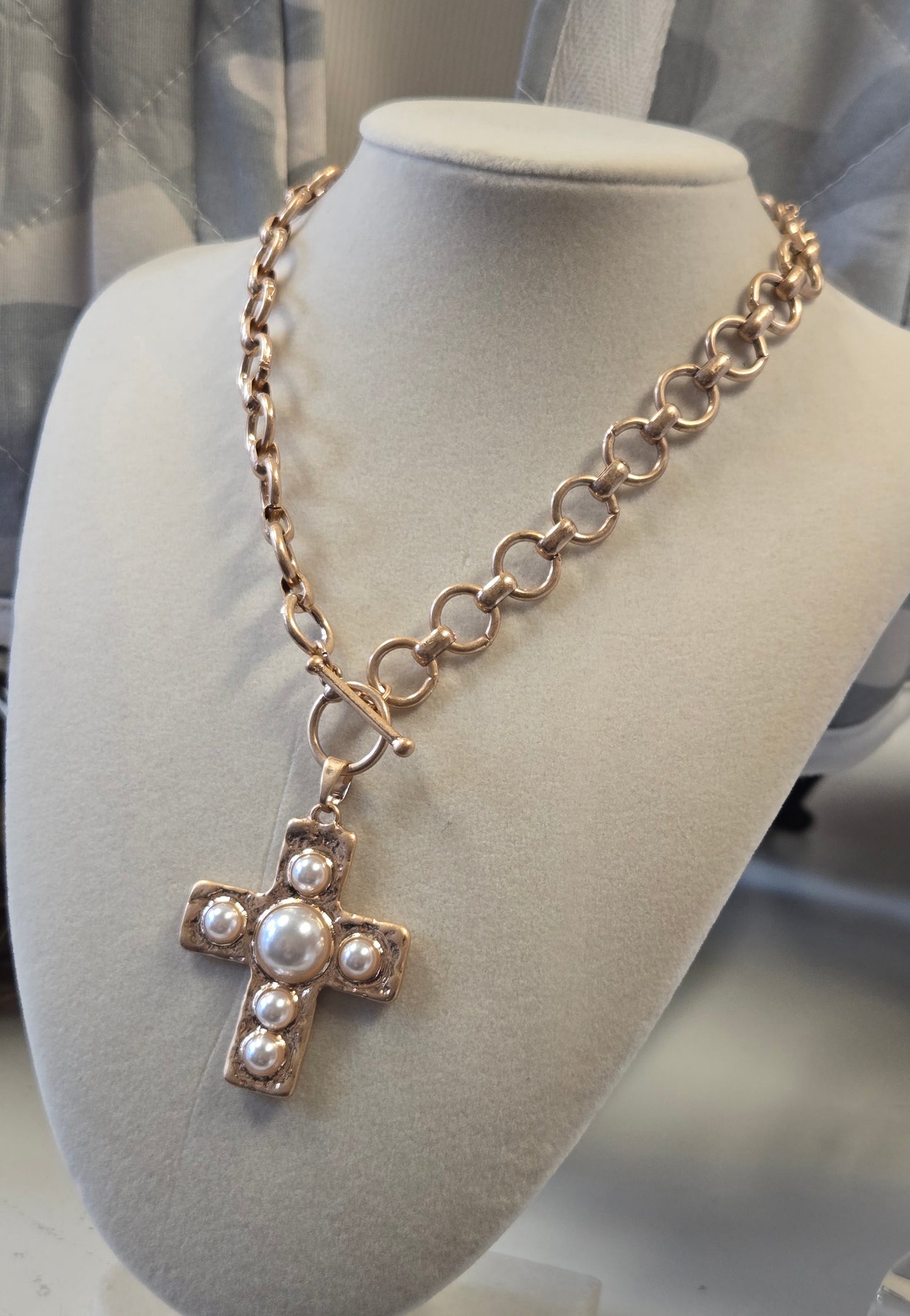 Gold Gross With Pearl Accent Necklace