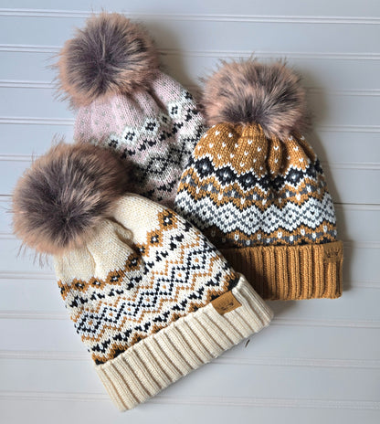 Snowflake + Heart Knit Pom Beanie