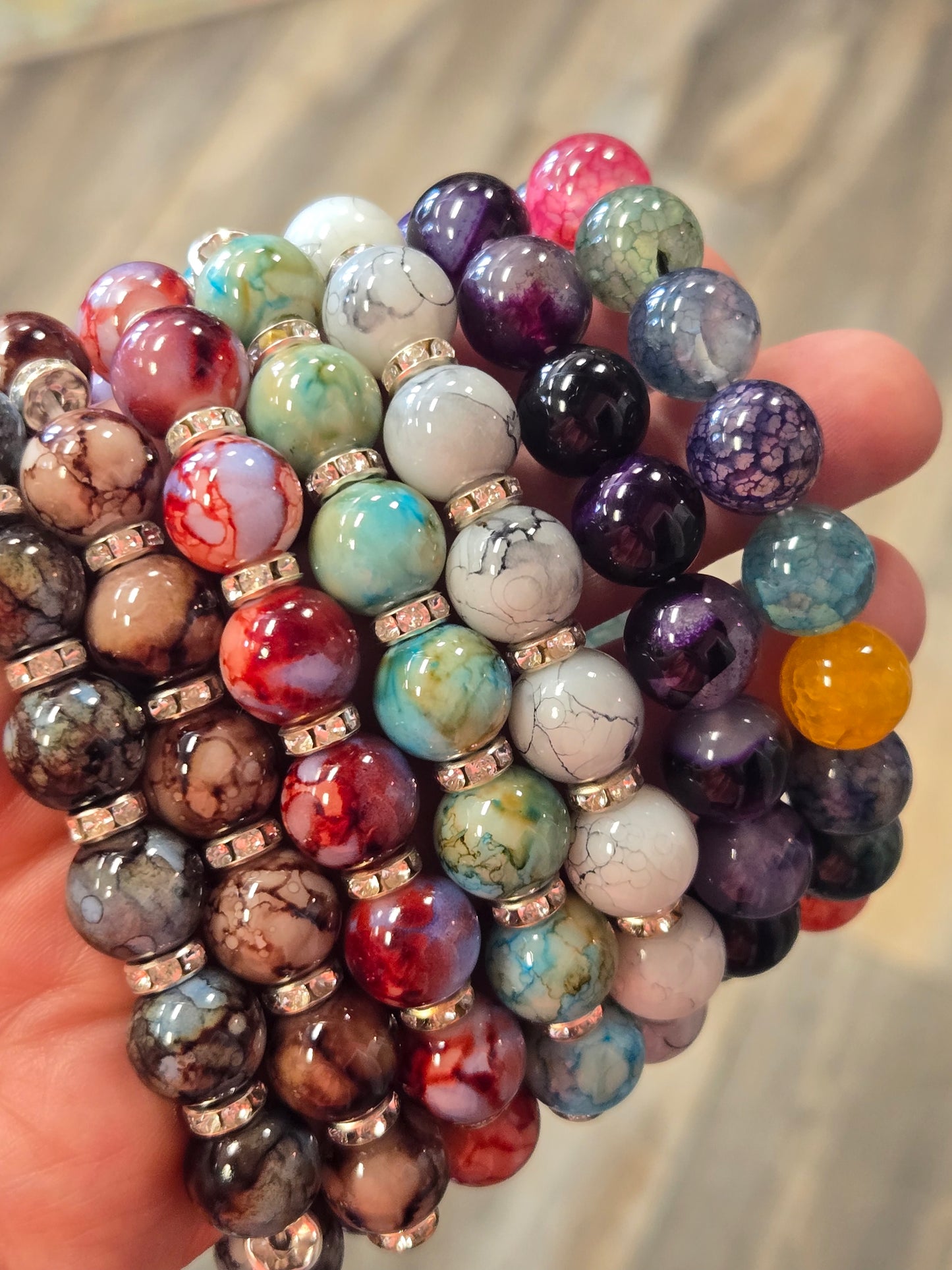 Large Polished Bead Stretch Bracelet with Crystal Accents