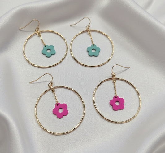 Gold Hoop with Enamel Flower