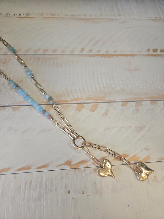 Blue & Gold Heart Tassel Necklace