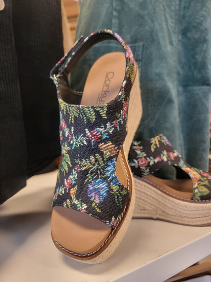 Black Floral Wedge