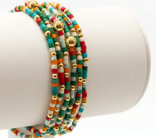 Set of 6 Green Sead Bead Stretch Bracelet