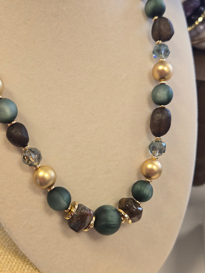 Natural Stone and Gold Beaded Necklace