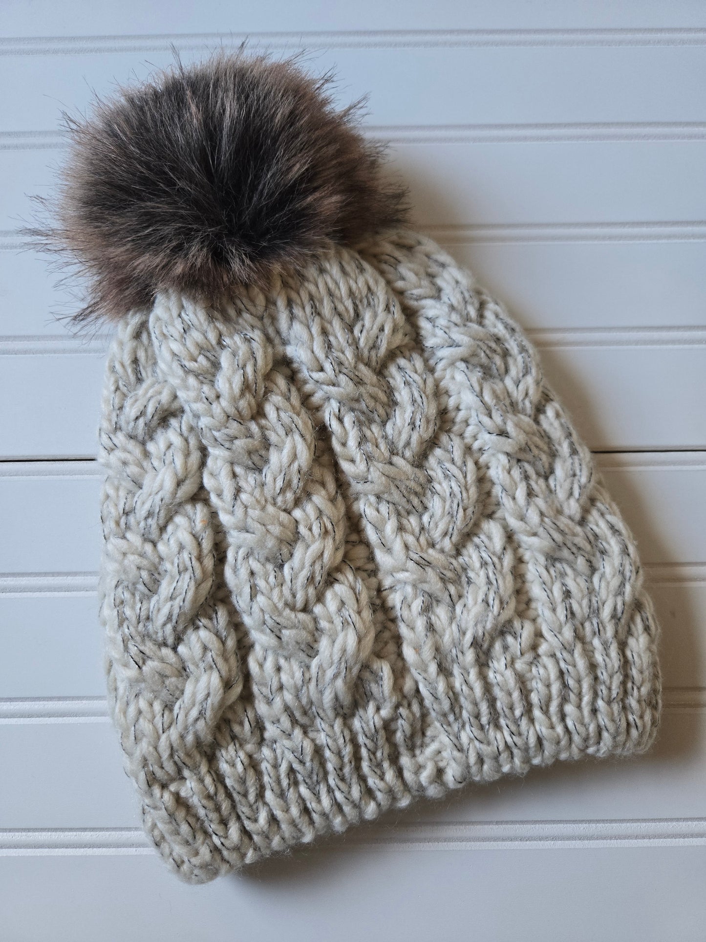 Beige Cable Knit Pom Beanie