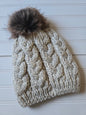 Beige Cable Knit Pom Beanie