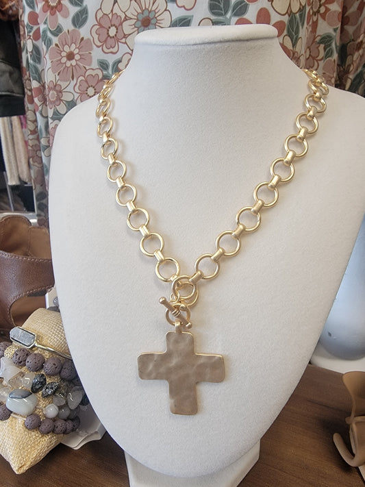 Chain Necklace with Hammered Cross Charm