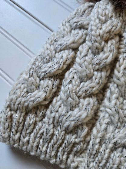 Beige Cable Knit Pom Beanie