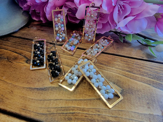 Crystal Flower Open Rectangle Earrings