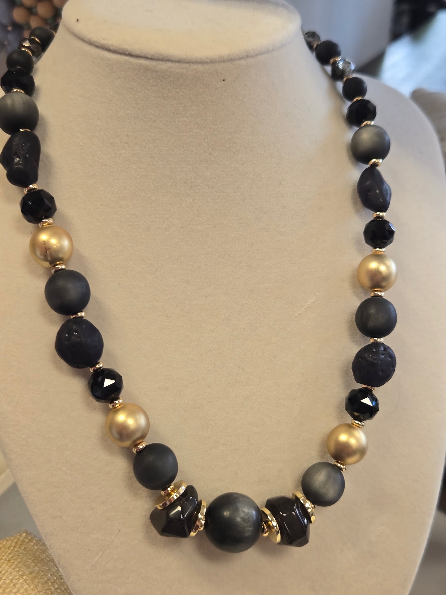 Natural Stone and Gold Beaded Necklace